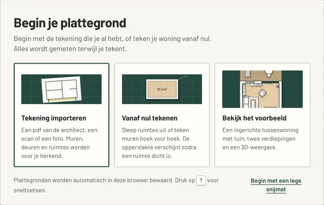 Het beginvenster van ti-plan: Begin je plattegrond, met drie keuzes: Tekening importeren, Vanaf nul tekenen en Bekijk het voorbeeld.