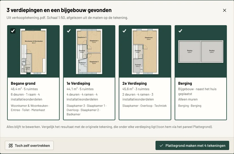 ti-plan na het inlezen van een verkooptekening: 3 verdiepingen en een bijgebouw gevonden, schaal 1:50 afgelezen uit de maten. Per verdieping de oppervlakte, het aantal ruimtes, deuren en ramen en de namen van de kamers.