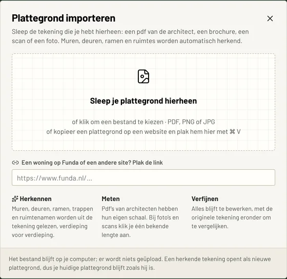Het venster Plattegrond importeren in ti-plan: sleep je plattegrond hierheen, of klik om een bestand te kiezen (PDF, PNG of JPG), of plak een plattegrond van een website. Daaronder een veld voor een link naar Funda.