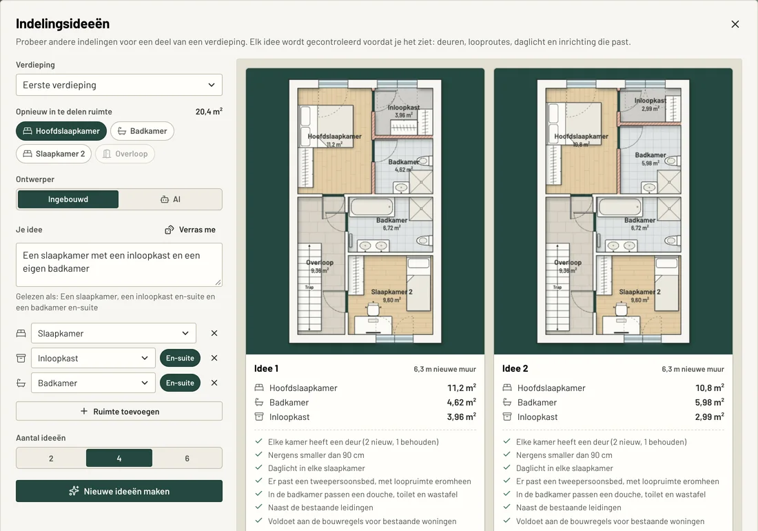 Het venster Indelingsideeën in ti-plan met twee ideeën voor de eerste verdieping: een hoofdslaapkamer met inloopkast en eigen badkamer, elk met de afmetingen per ruimte en de controles die het haalt.