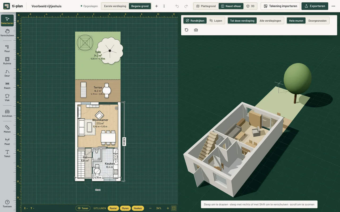 ti-plan met het voorbeeldhuis open: links de plattegrond van de begane grond op de groene snijmat, met tuin, terras, woonkamer, keuken en hal, rechts hetzelfde huis in 3D.