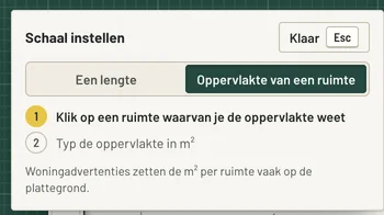 Het paneel Schaal instellen in ti-plan: kies Een lengte of Oppervlakte van een ruimte, klik op een ruimte waarvan je de oppervlakte weet en typ die in m².